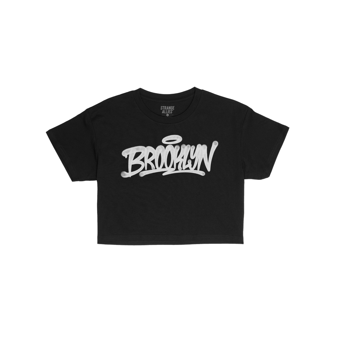 Brooklyn Handstyle Women's Baby Tee features a black design with white graffiti-style BROOKLYN lettering and a halo, embodyin