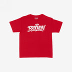 Brooklyn Handstyle Women's Baby Tee featuring a white graffiti-style BROOKLYN script with a halo accent, embodying street art culture. Laid flat, showcasing its trendy, retro Y2K cut for versatile styling.