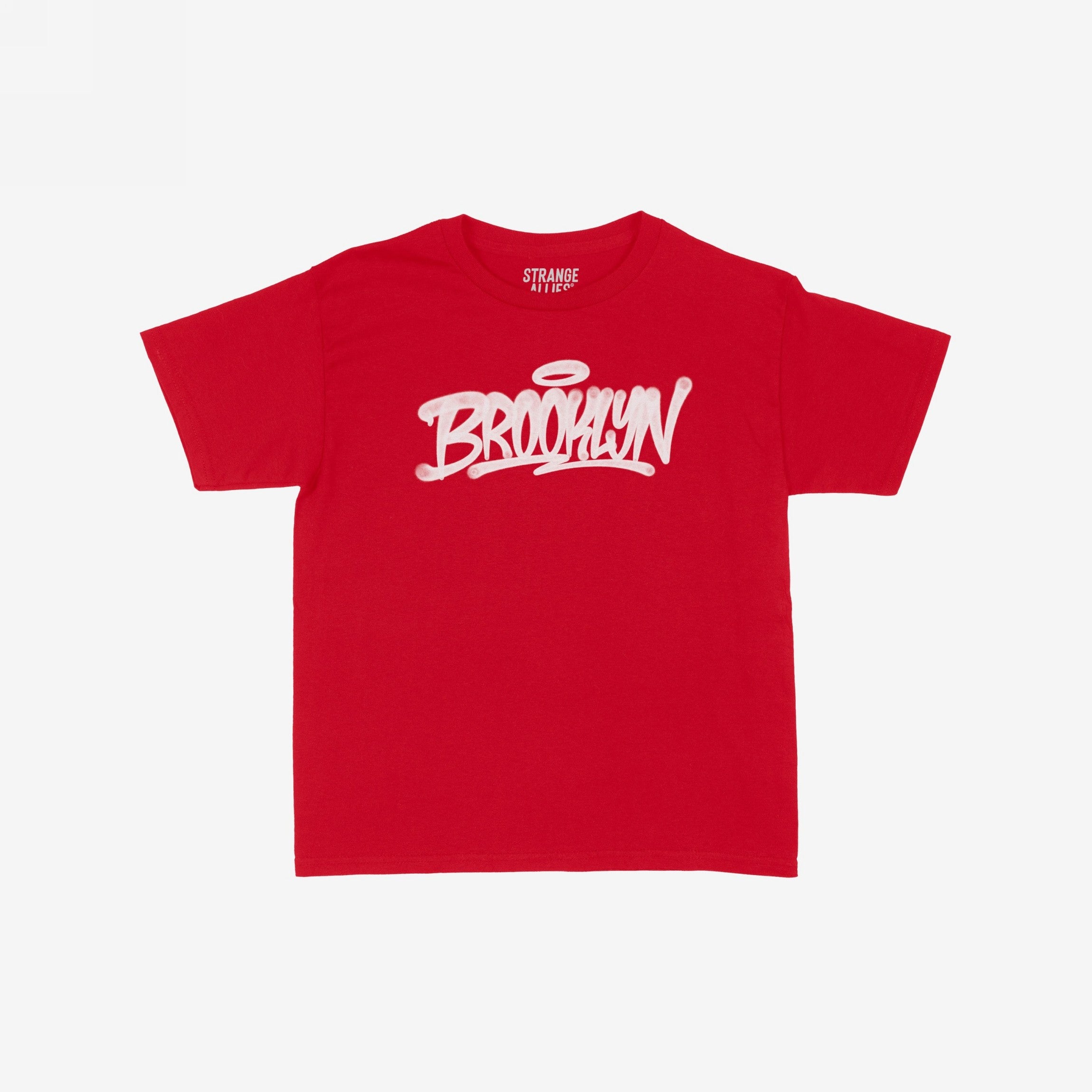 Brooklyn Handstyle Women's Baby Tee featuring a white graffiti-style BROOKLYN script with a halo accent, embodying street art culture. Laid flat, showcasing its trendy, retro Y2K cut for versatile styling.