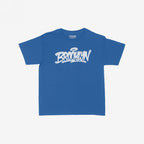 Brooklyn Handstyle Women's Baby Tee in blue, featuring BROOKLYN in white graffiti script with a halo accent, embodies urban street art style, laid flat against a white background.