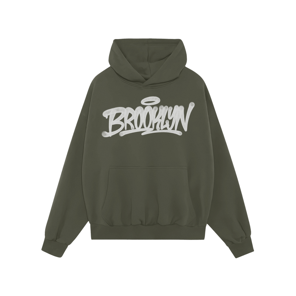 Brooklyn Handstyle Hoodie, featuring a dark green pullover with kangaroo pocket and drawstrings, showcases bold white graffit