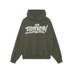Brooklyn Handstyle Hoodie, featuring a dark green pullover with kangaroo pocket and drawstrings, showcases bold white graffit