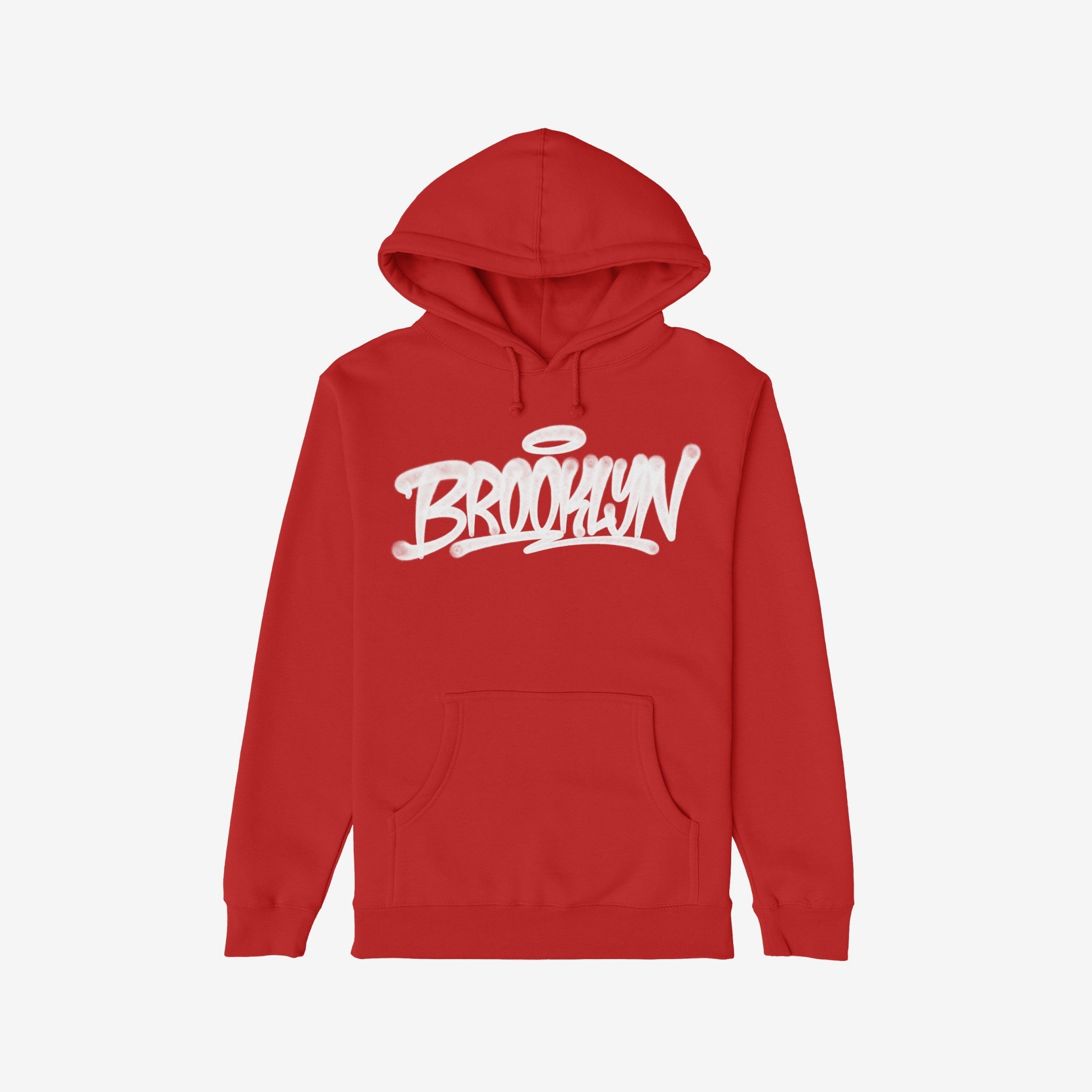 Brooklyn Handstyle Hoodie features a bold, graffiti-style script on a plain red pullover with a kangaroo pocket and drawstring hood, embodying urban identity and individuality.