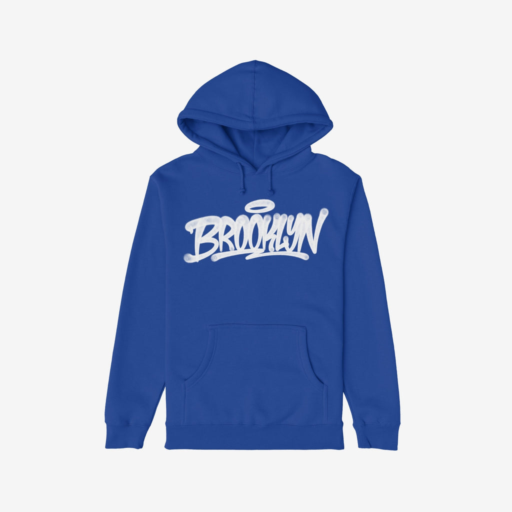 Royal-blue Brooklyn Handstyle Hoodie with graffiti-style script and halo graphic on the chest, featuring a kangaroo pocket. Ideal for layering, it embodies bold borough identity and cultural connection.