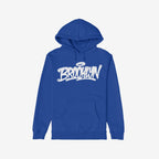 Royal-blue Brooklyn Handstyle Hoodie with graffiti-style script and halo graphic on the chest, featuring a kangaroo pocket. Ideal for layering, it embodies bold borough identity and cultural connection.