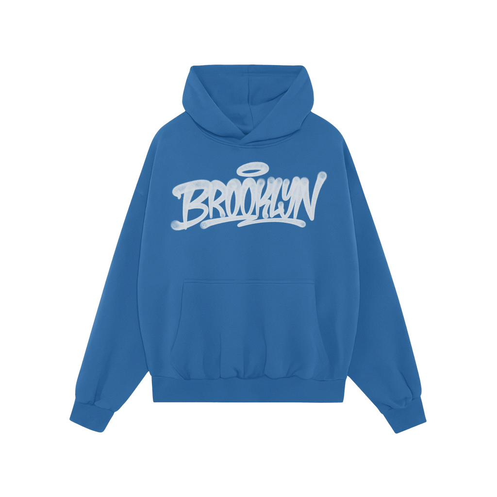 Royal-blue Brooklyn Handstyle Hoodie with graffiti-style script and halo graphic on the chest, featuring a kangaroo pocket. I