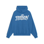 Royal-blue Brooklyn Handstyle Hoodie with graffiti-style script and halo graphic on the chest, featuring a kangaroo pocket. I