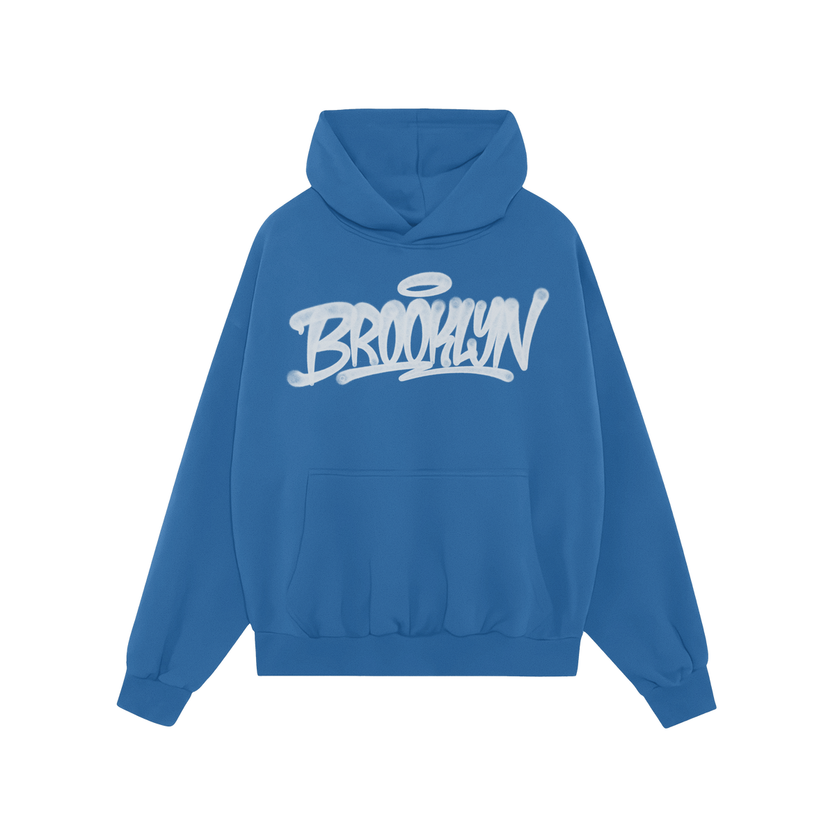 Royal-blue Brooklyn Handstyle Hoodie with graffiti-style script and halo graphic on the chest, featuring a kangaroo pocket. I