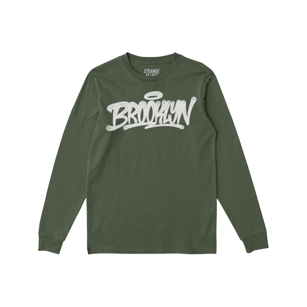 Olive-green Brooklyn Handstyle T-shirt featuring a white graffiti-style BROOKLYN logo with a halo accent across the chest, em