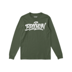 Olive-green Brooklyn Handstyle T-shirt featuring a white graffiti-style BROOKLYN logo with a halo accent across the chest, em