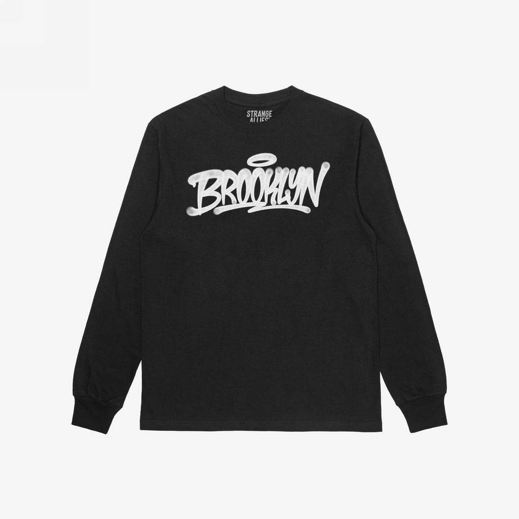 Black Brooklyn Handstyle T-shirt featuring a graffiti-style “BROOKLYN” print across the chest, with a “STRANGE ALLIES” label inside the neck, embodying urban pride and everyday functionality.