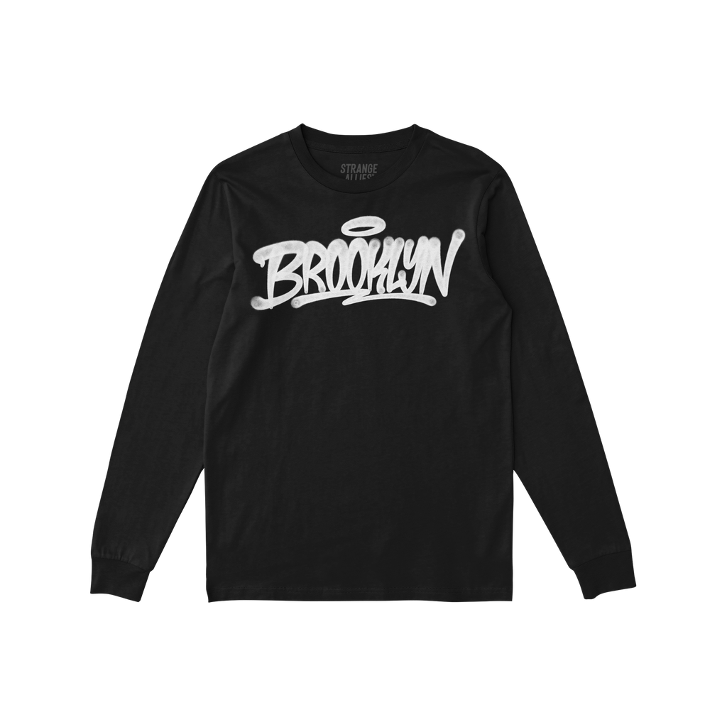 Black Brooklyn Handstyle T-shirt featuring a graffiti-style “BROOKLYN” print across the chest, with a “STRANGE ALLIES��