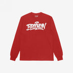 Red Brooklyn Handstyle T-shirt by Strange Allies, featuring long sleeves and a graffiti-style Brooklyn script across the chest, laid flat on a white background. Ideal for showcasing borough pride.