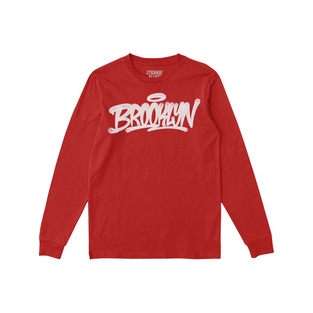Red Brooklyn Handstyle T-shirt by Strange Allies, featuring long sleeves and a graffiti-style Brooklyn script across the ches