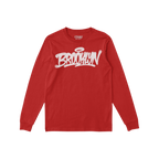 Red Brooklyn Handstyle T-shirt by Strange Allies, featuring long sleeves and a graffiti-style Brooklyn script across the ches