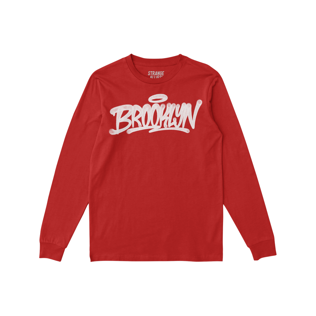 Red Brooklyn Handstyle T-shirt by Strange Allies, featuring long sleeves and a graffiti-style Brooklyn script across the ches