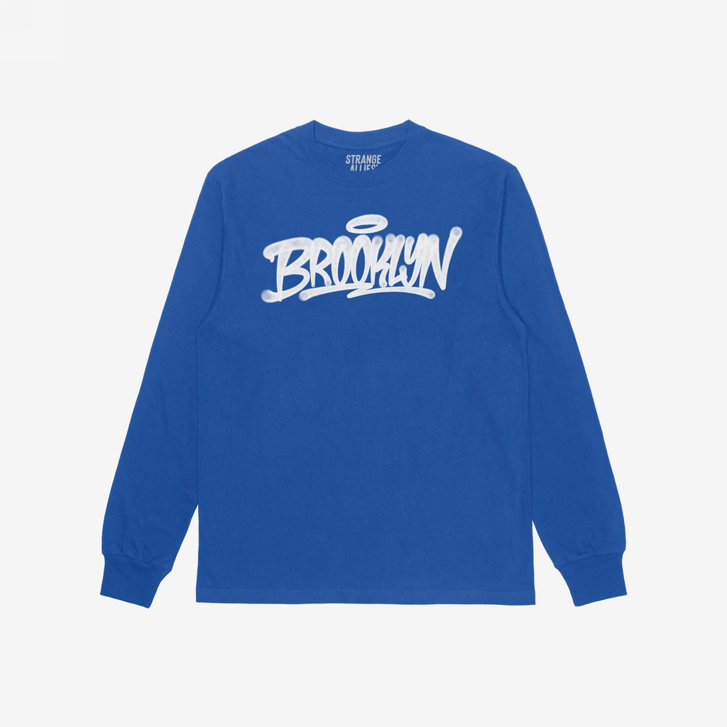 Blue Brooklyn Handstyle T-shirt featuring a graffiti-style BROOKLYN logo with a halo, laid flat. Ideal for showcasing borough pride and supporting equality, available in adult and kids' sizes.