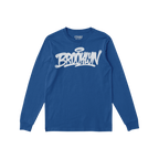 Blue Brooklyn Handstyle T-shirt featuring a graffiti-style BROOKLYN logo with a halo, laid flat. Ideal for showcasing borough