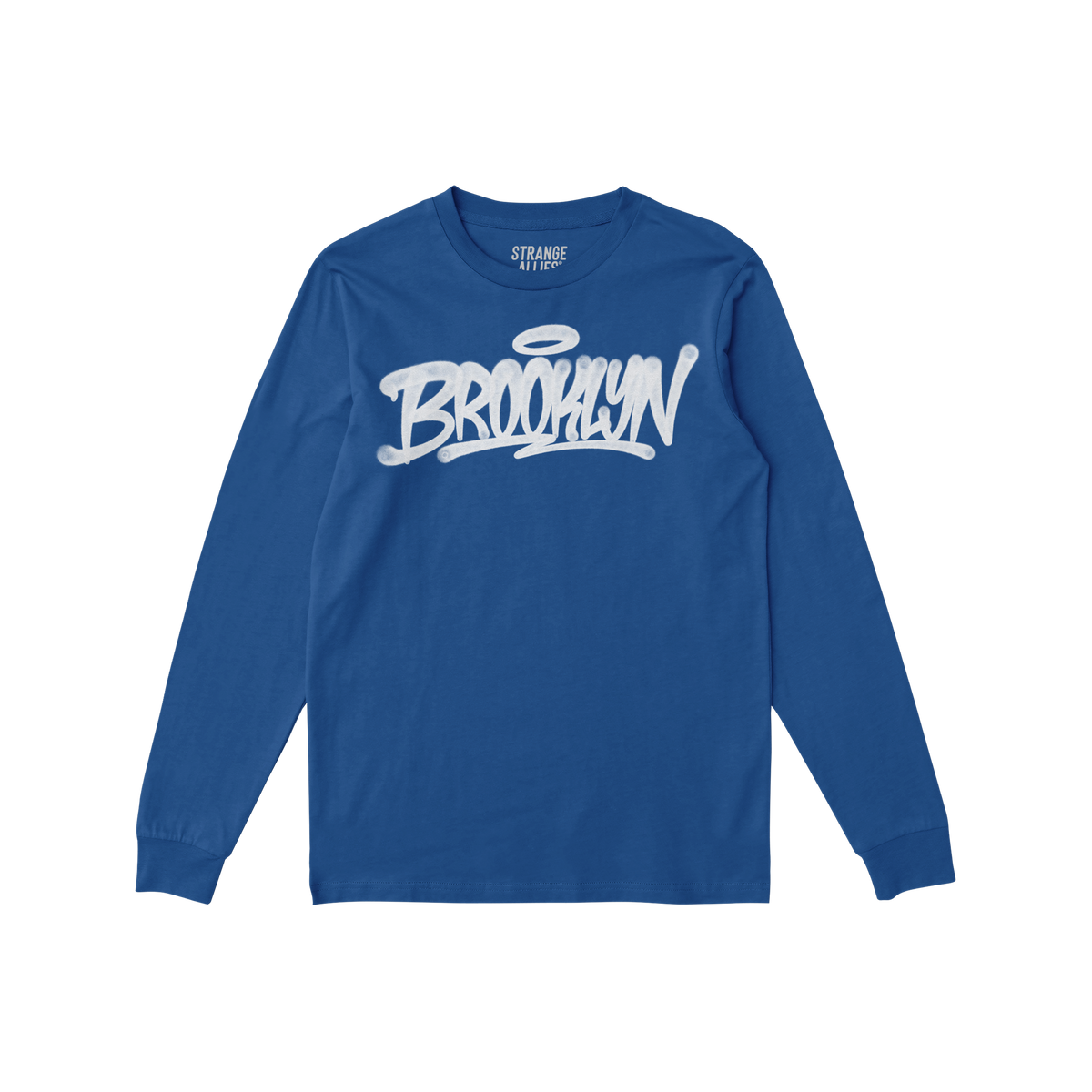 Blue Brooklyn Handstyle T-shirt featuring a graffiti-style BROOKLYN logo with a halo, laid flat. Ideal for showcasing borough