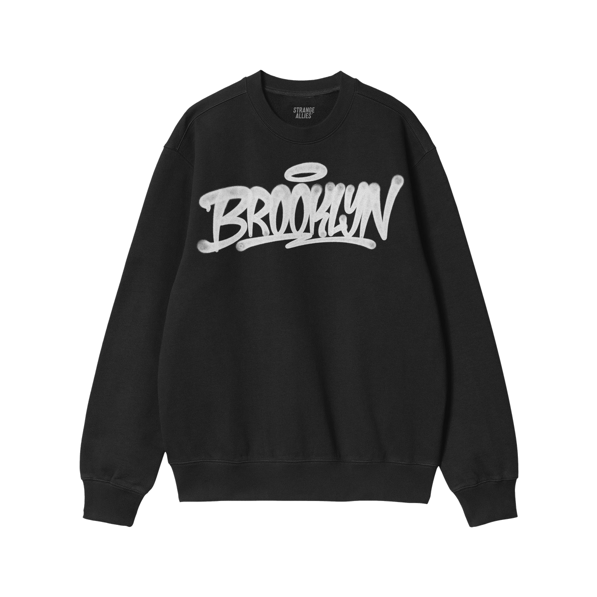 Brooklyn Handstyle Hoodie & Sweatshirt features a black crewneck with Brooklyn in white graffiti script and a halo, embodying