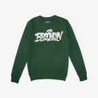 Forest-green crewneck sweatshirt featuring a white Brooklyn graffiti handstyle graphic with a halo, reflecting bold individuality. Brand ALLIES. visible inside the collar, embodying urban culture and borough pride.