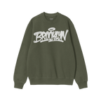 Forest-green crewneck sweatshirt featuring a white Brooklyn graffiti handstyle graphic with a halo, reflecting bold individua