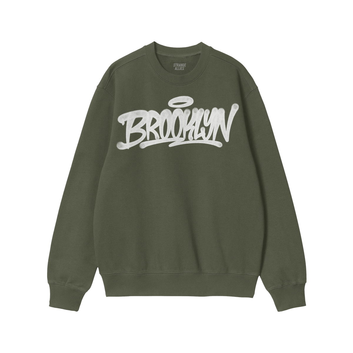 Forest-green crewneck sweatshirt featuring a white Brooklyn graffiti handstyle graphic with a halo, reflecting bold individua