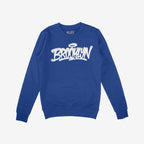 Brooklyn Handstyle Hoodie & Sweatshirt in royal blue, featuring a white spray-paint BROOKLYN graphic across the chest. Ribbed cuffs and hem; ALLIES logo inside collar.
