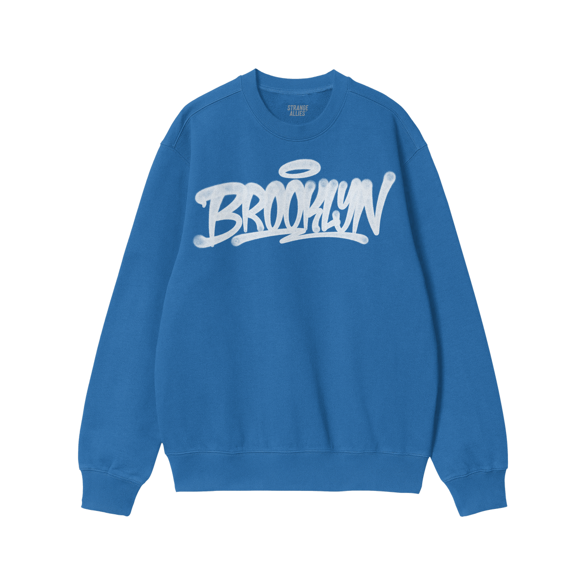 Brooklyn Handstyle Hoodie & Sweatshirt in royal blue, featuring a white spray-paint BROOKLYN graphic across the chest. Ribbed