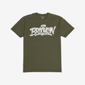 Army-green Brooklyn Handstyle T-shirt with bold white graffiti script, BROOKLYN, across the chest. Label reads “STRANGE ALLIES.” Ideal for city pride and everyday wear.