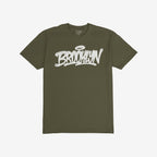 Army-green Brooklyn Handstyle T-shirt with bold white graffiti script, BROOKLYN, across the chest. Label reads “STRANGE ALLIES.” Ideal for city pride and everyday wear.