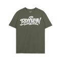 Army-green Brooklyn Handstyle T-shirt with bold white graffiti script, BROOKLYN, across the chest. Label reads “STRANGE ALL