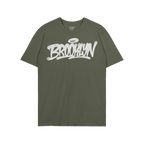 Army-green Brooklyn Handstyle T-shirt with bold white graffiti script, BROOKLYN, across the chest. Label reads “STRANGE ALL