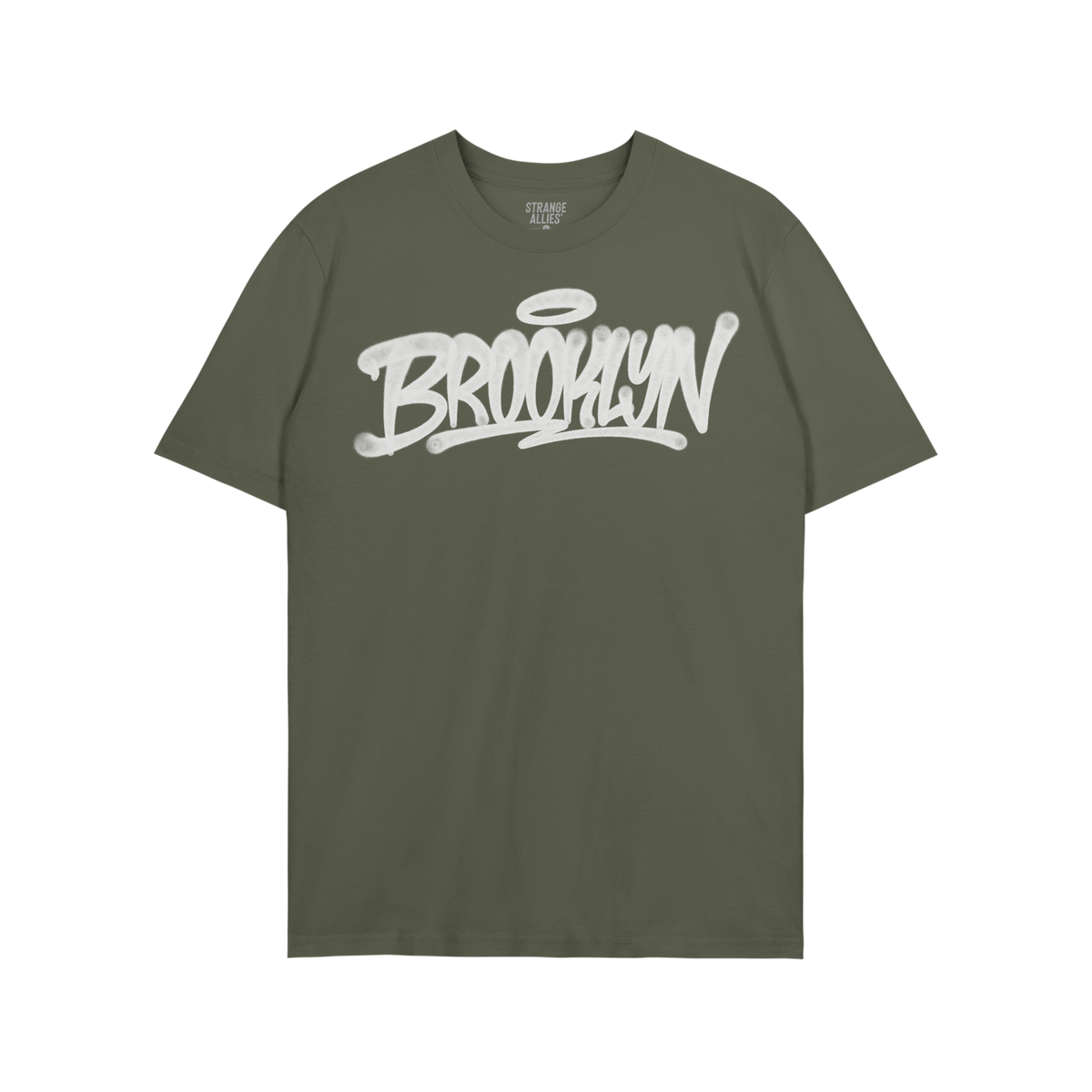 Army-green Brooklyn Handstyle T-shirt with bold white graffiti script, BROOKLYN, across the chest. Label reads “STRANGE ALL