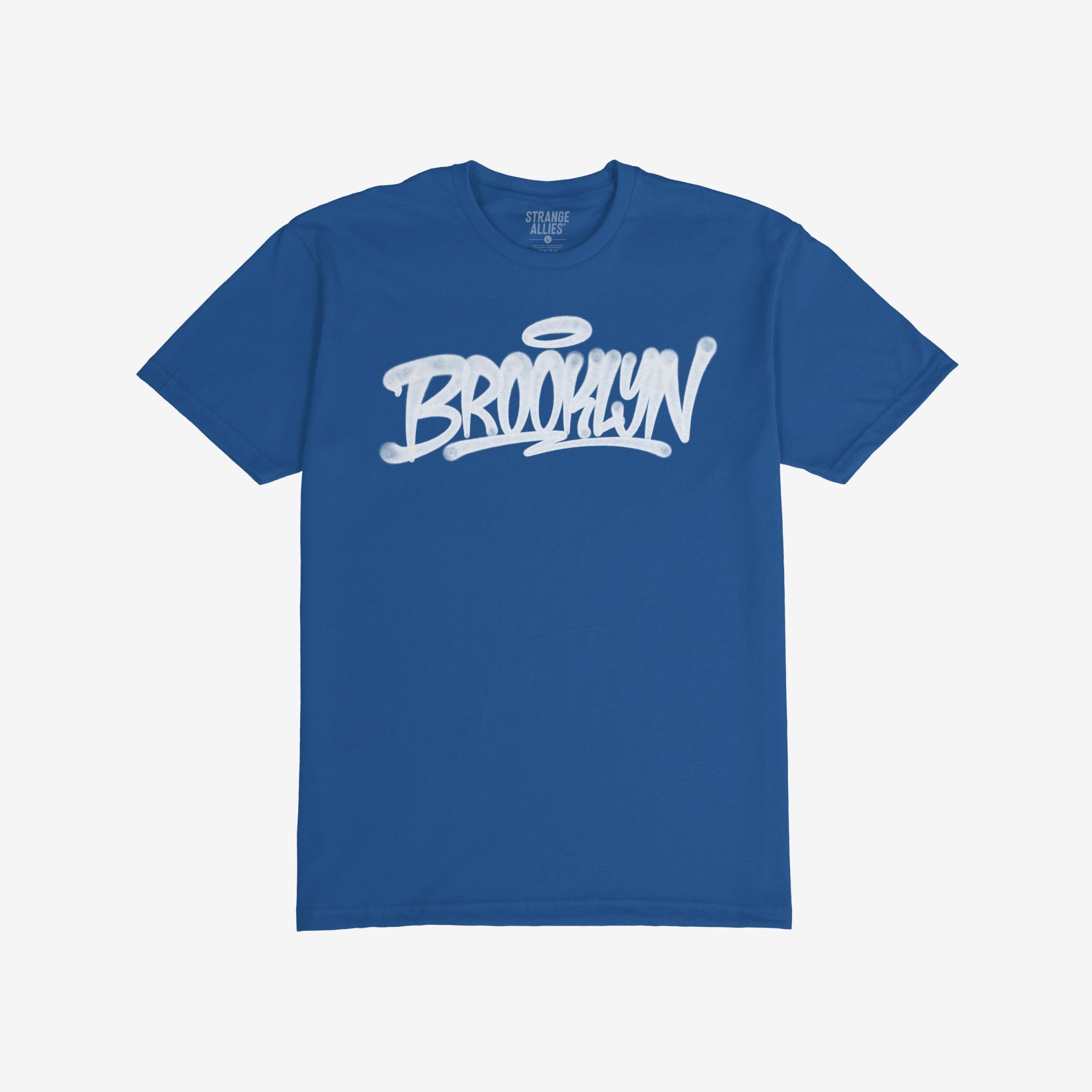 Brooklyn Handstyle T-shirt in royal blue with graffiti-style BROOKLYN lettering across the chest, crew-neck and short sleeves, embodying urban pride and activism-focused style.