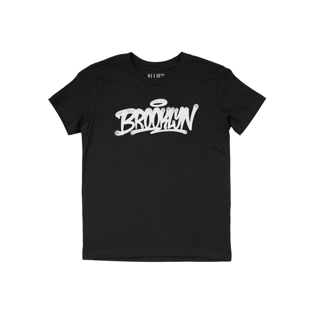 Brooklyn Handstyle T-shirt showcasing a black short-sleeve design with white graffiti-style BROOKLYN and halo accent on the c