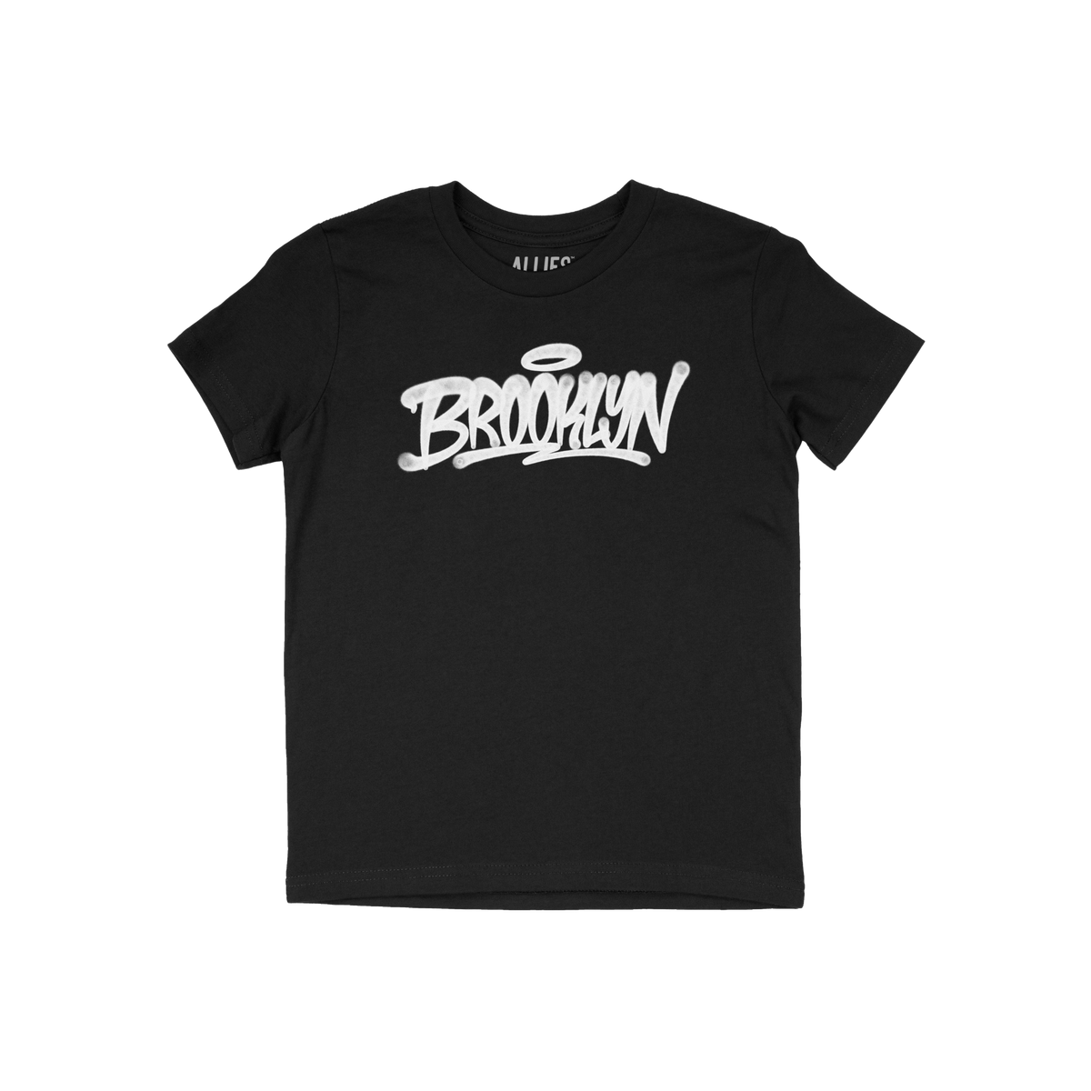 Brooklyn Handstyle T-shirt showcasing a black short-sleeve design with white graffiti-style BROOKLYN and halo accent on the c