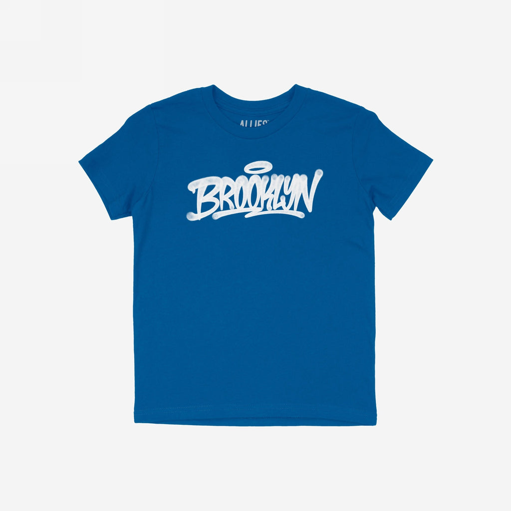 Brooklyn Handstyle T-shirt, featuring a graffiti-style BROOKLYN with halo on the chest, embodies borough pride and urban culture, perfect for diverse occasions and supporters of equality.