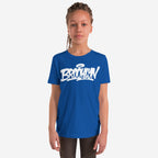 Person wears a royal-blue Brooklyn Handstyle T-shirt, featuring bold, graffiti-style lettering, embodying borough pride. The casual look aligns with themes of equality and cultural roots.