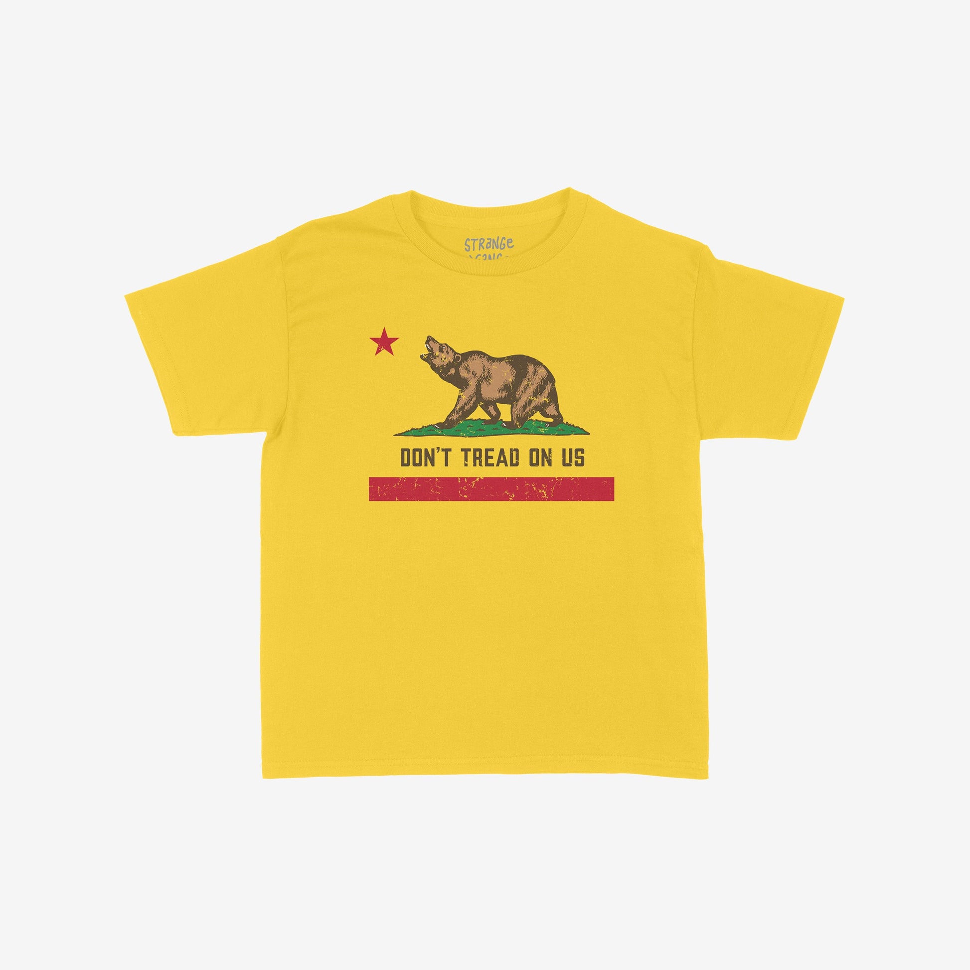 California Gadsden Flag Women's Baby Tee displays a stylized bear with a red star and DON'T TREAD ON US slogan, embodying resistance and state pride in a bold, cropped design.
