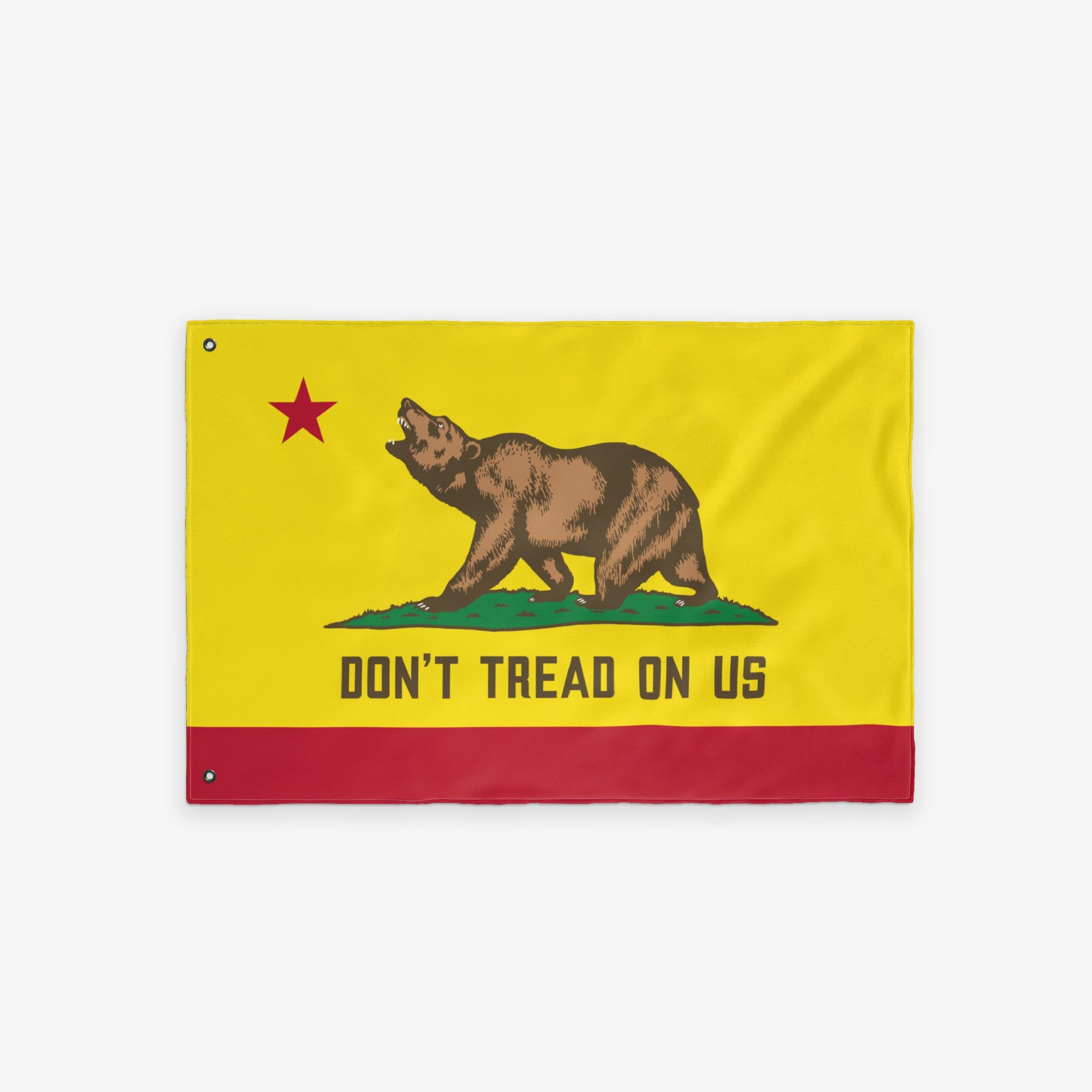 California Gadsden Flag combines California's bear flag with the Gadsden motif, featuring a grizzly bear on grass and DON’T TREAD ON US slogan, conveying anti-fascism and resistance.