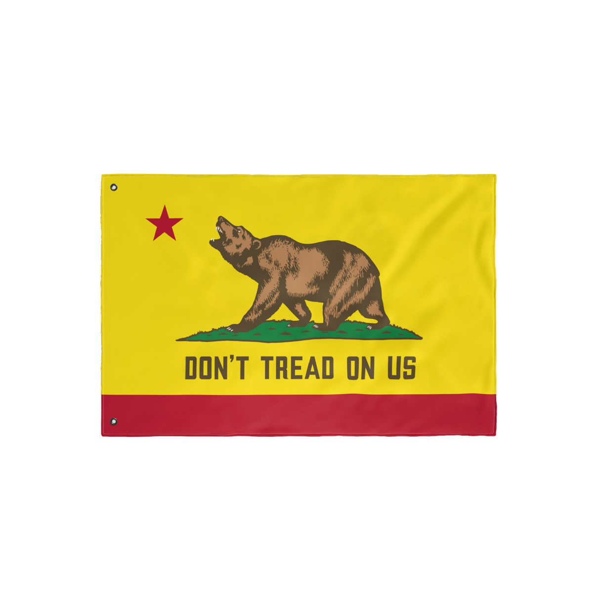California Gadsden Flag combines California's bear flag with the Gadsden motif, featuring a grizzly bear on grass and DON’T