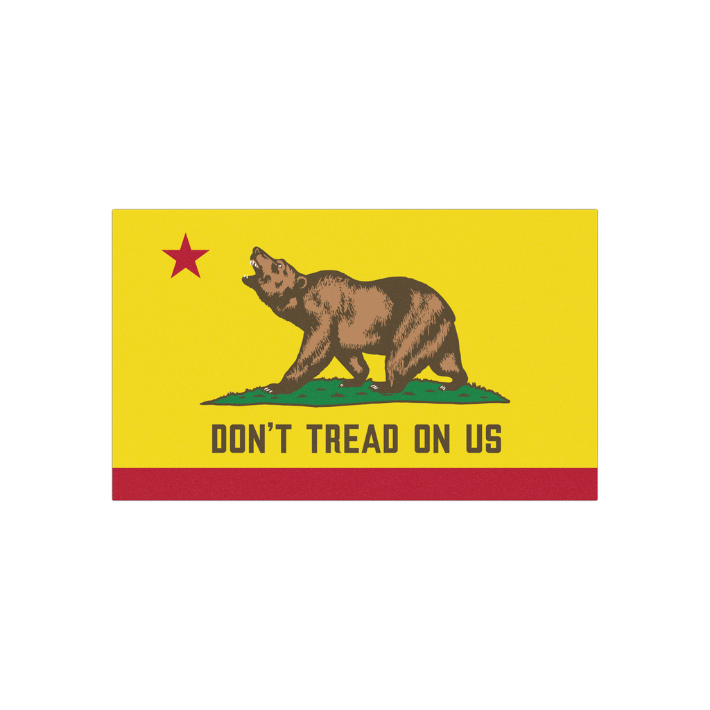 California Gadsden Flag Sticker & Magnet featuring a brown bear on grass, red star, stripe, and slogan “DON’T TREAD ON US