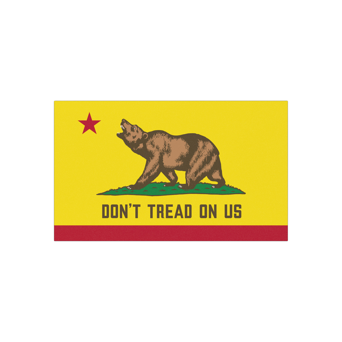 California Gadsden Flag Sticker & Magnet featuring a brown bear on grass, red star, stripe, and slogan “DON’T TREAD ON US