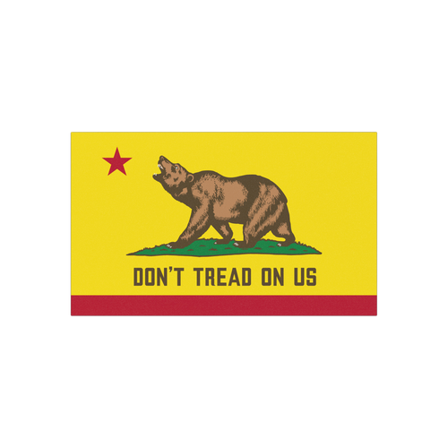 California Gadsden Flag Sticker & Magnet featuring a brown bear on grass, red star, stripe, and slogan “DON’T TREAD ON US