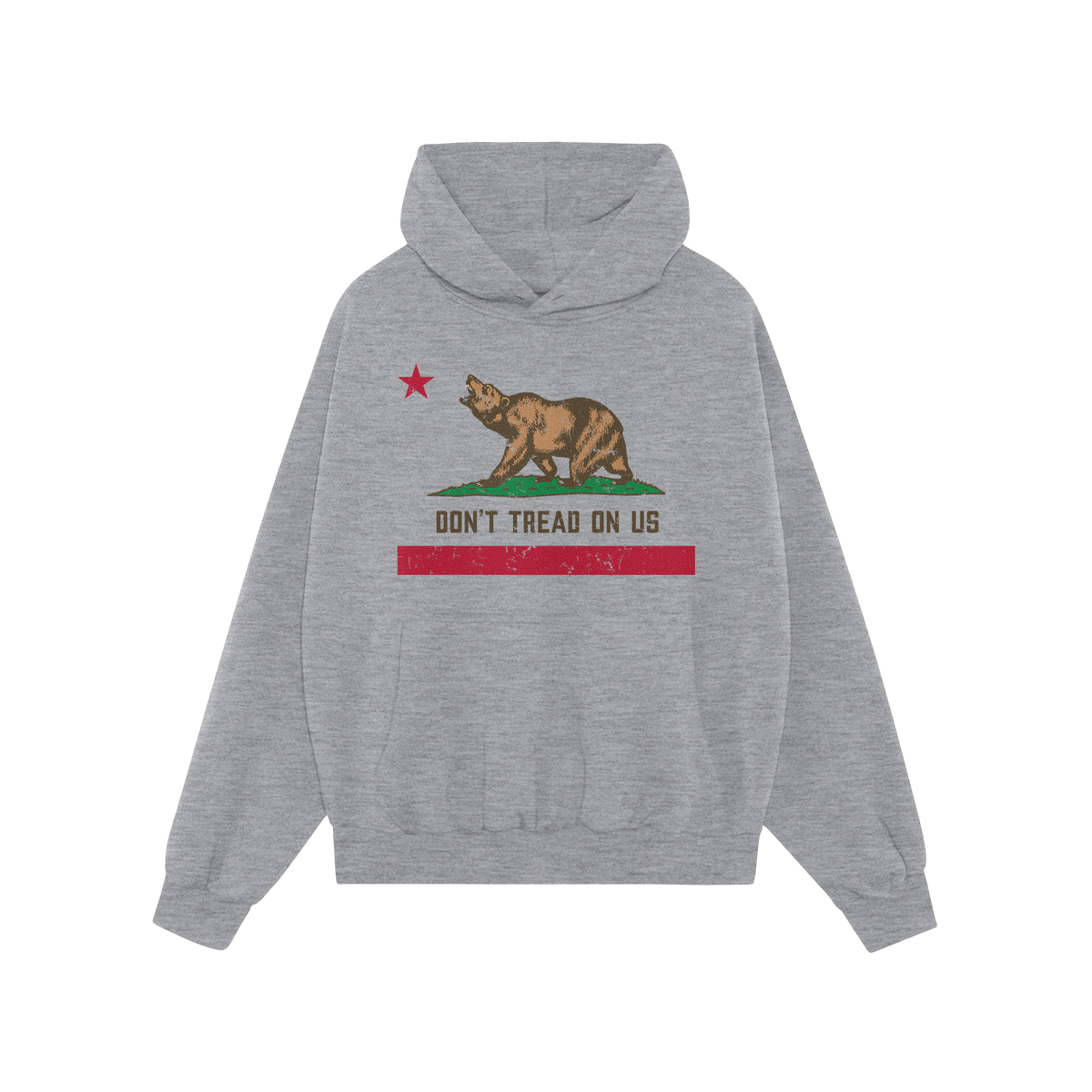 California Gadsden Flag Shirt: A light-gray pullover hoodie featuring a grizzly bear, red star, and “DON’T TREAD ON US”