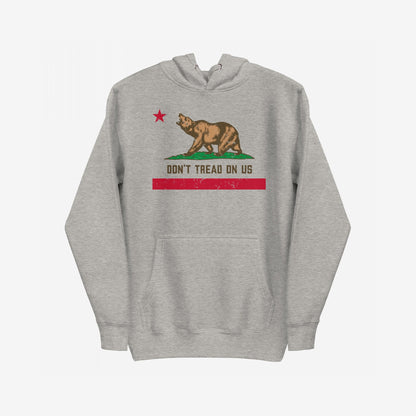 California Gadsden Flag Hoodie & Sweatshirt featuring a distressed California bear, red star, and the slogan “DON’T TREAD ON US,” showcasing anti-authoritarian spirit and radical resistance in a heather-gray pullover.