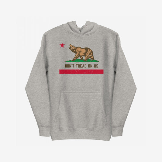 California Gadsden Flag Hoodie & Sweatshirt featuring a distressed California bear, red star, and the slogan “DON’T TREAD ON US,” showcasing anti-authoritarian spirit and radical resistance in a heather-gray pullover.