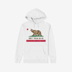 California Gadsden Flag Shirt featuring a white pullover hoodie with a red star, brown bear on grass, and DON'T TREAD ON US message, symbolizing state pride and resistance.
