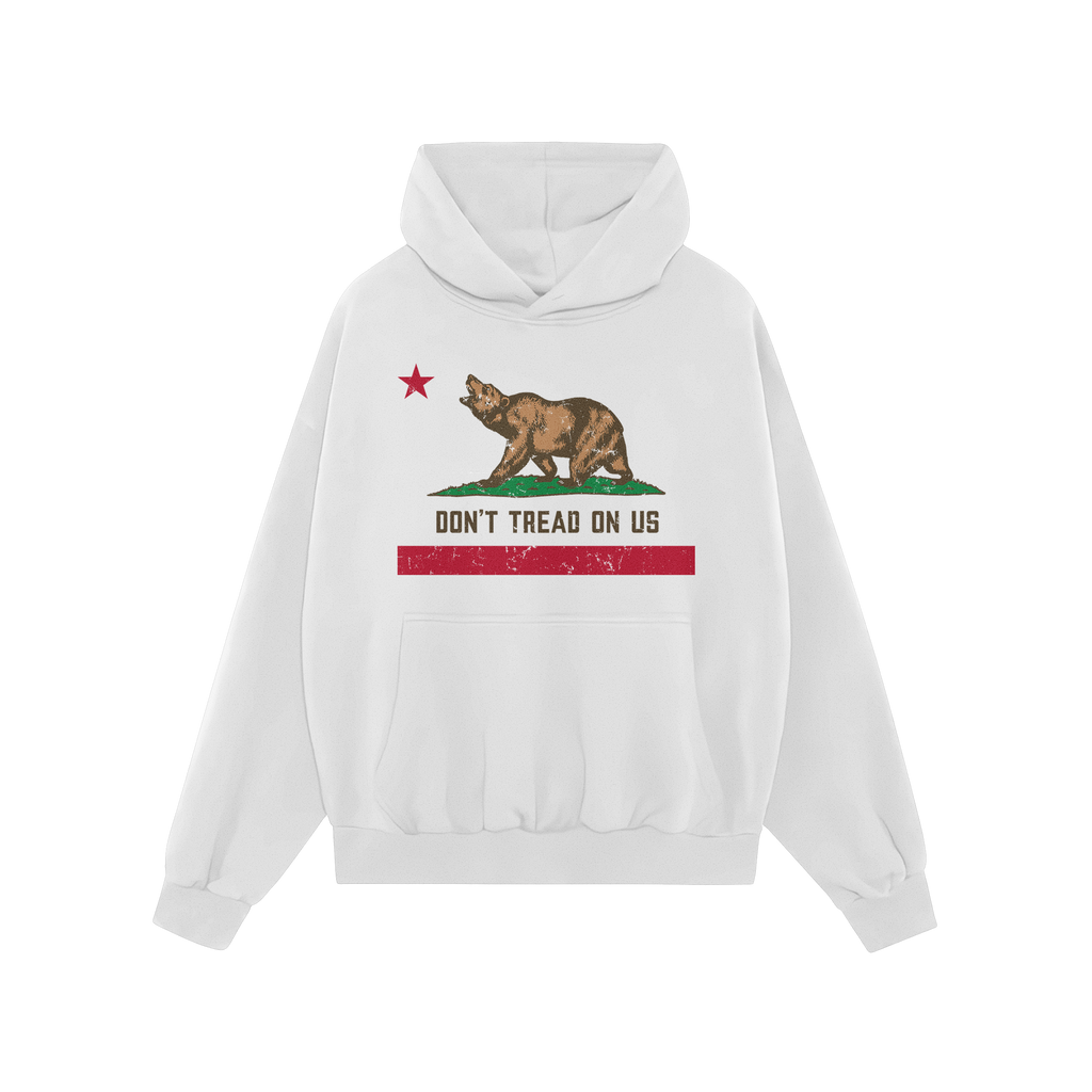 California Gadsden Flag Shirt featuring a white pullover hoodie with a red star, brown bear on grass, and DON'T TREAD ON US m